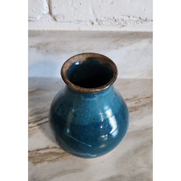 Modern Stoneware Pottery Vase Signed CHAR 2023 Teal Drip Swirl Glaze 5.5" - Picture 3 of 7